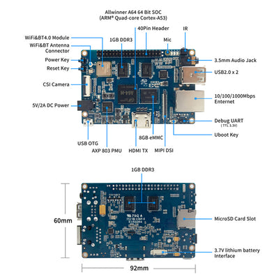 Banana Pi BPI-M64 Single Board Computer – 2GB RAM + 8GB eMMC – 2