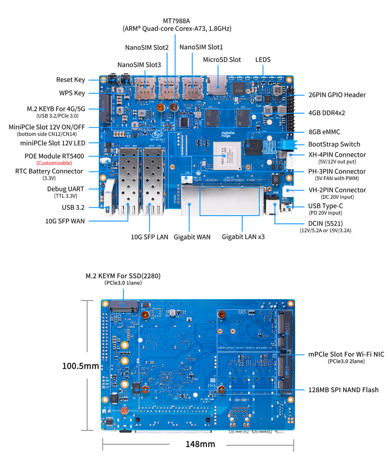 Banana Pi BPI-R4-4P Router Board (Onboard PoE) – 4GB RAM + 8GB eMMC – 3