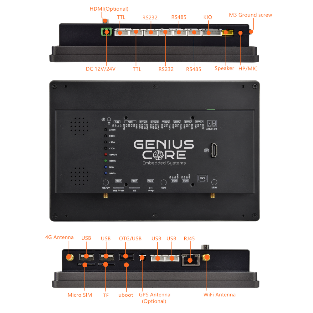 10.1" RK3576S 2x INT SPK All in One HMI Android Panel PC, IPS, ABS Frame