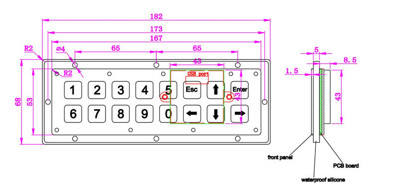 D-8908A 16 Keys Rugged Embedded Horizontal Double-Row Layout Backlight Metal Numeric Keypad