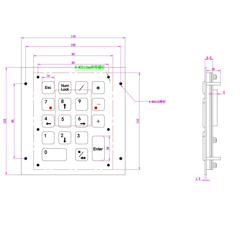 D-89202 18 Keys Front Panel Mount IP65 Compact Vandal Proof Stainless Steel Metal Numeric Keypad