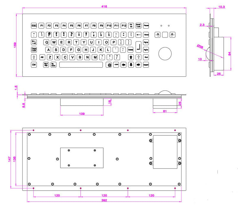D-8606G-A Metal Industrial Keyboards With Trackball Stainless Steel Rugged Keyboard For Self Service Kiosk