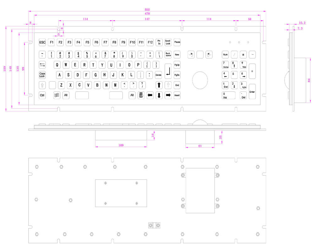 D-8605B Waterproof Black Metal Panel Mount Keyboard With Trackball Function Keys And Number Keypad