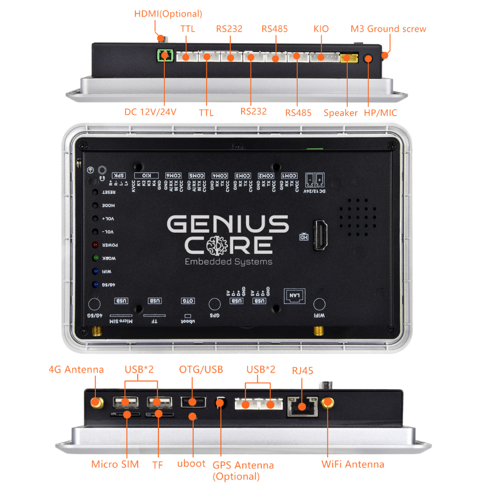 7" RK3576S 2x INT SPK All in One HMI Android Panel PC, IPS, ABS Larger Frame