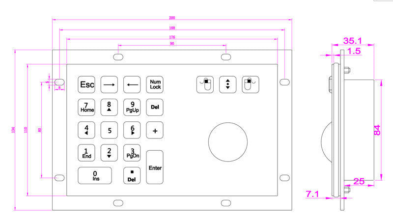 D-8305 18 Keys Rugged Vandal-Proof Industrial Keyboard Metal Numeric Keypad with Trackball