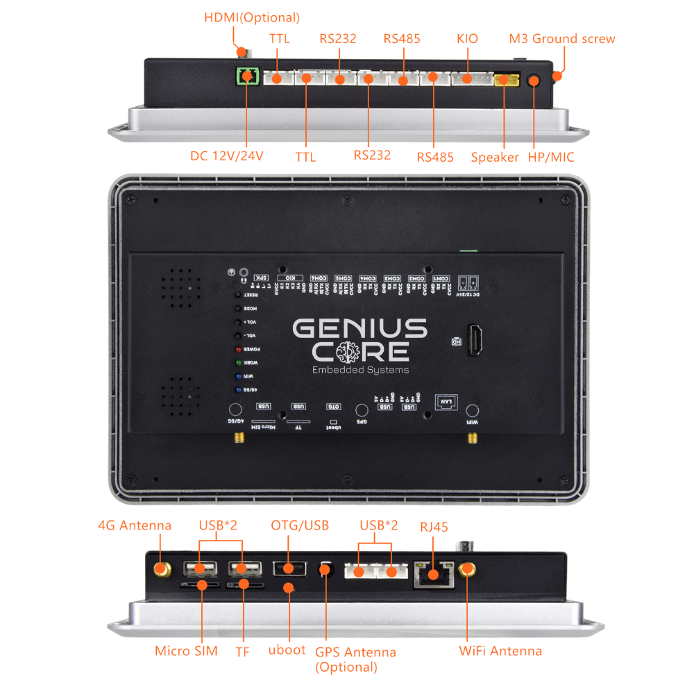 10.1" RK3576S 2x INT SPK All in One HMI Android Panel PC, IPS, ABS Larger Frame