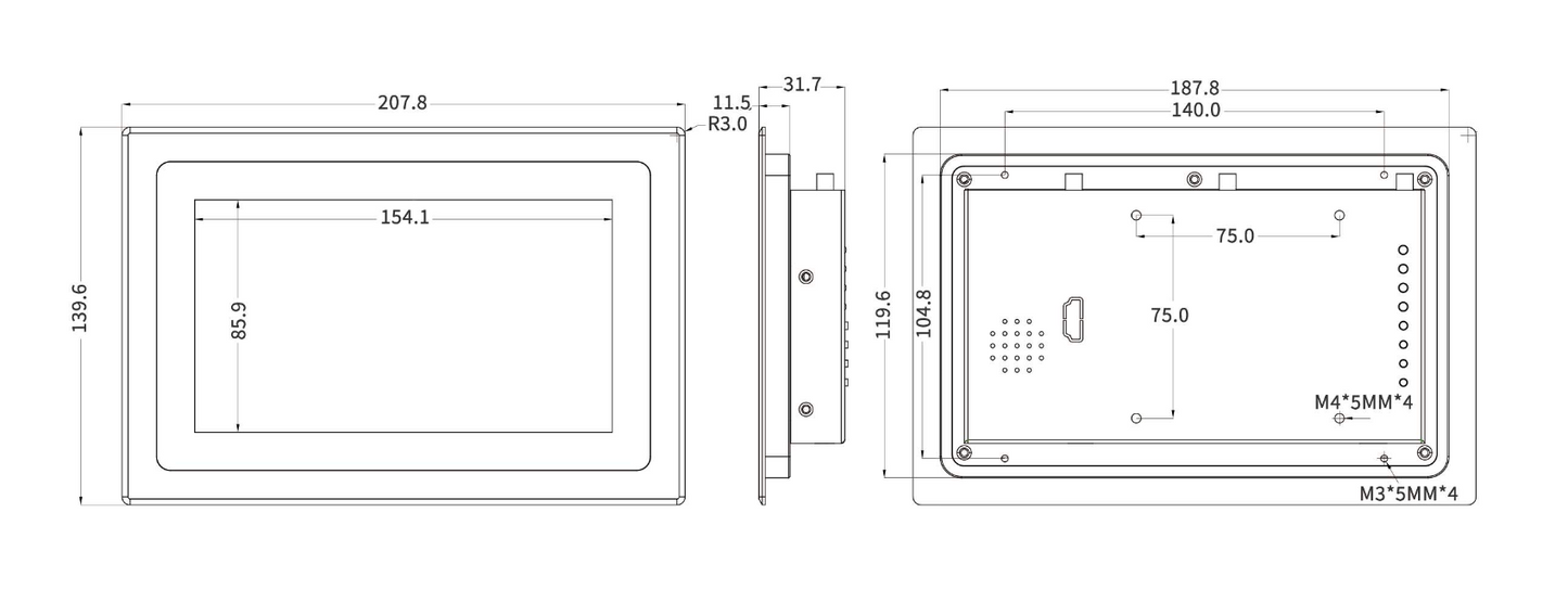 Technical drawing of a rectangular component with dimensions