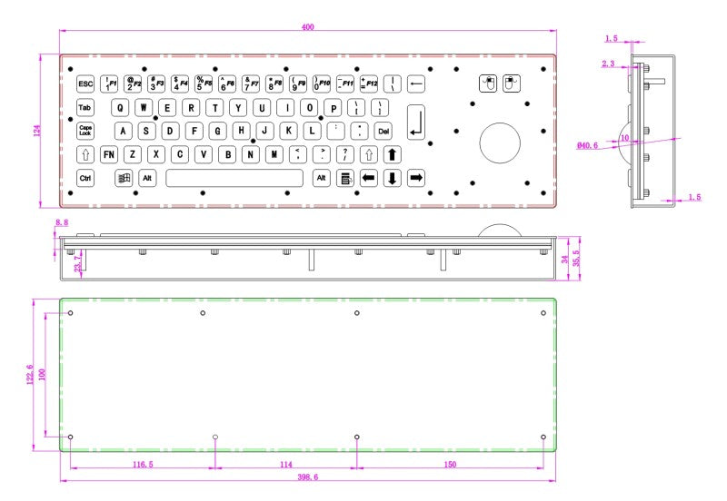 D-8603 Desk Compact Desktop Style Stainless Steel Keyboard with Integrated Trackball