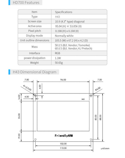 H43 4.3″ LCD Display | Resistive Touch | 480×272 | RGB Interface | One-Wire Backlight