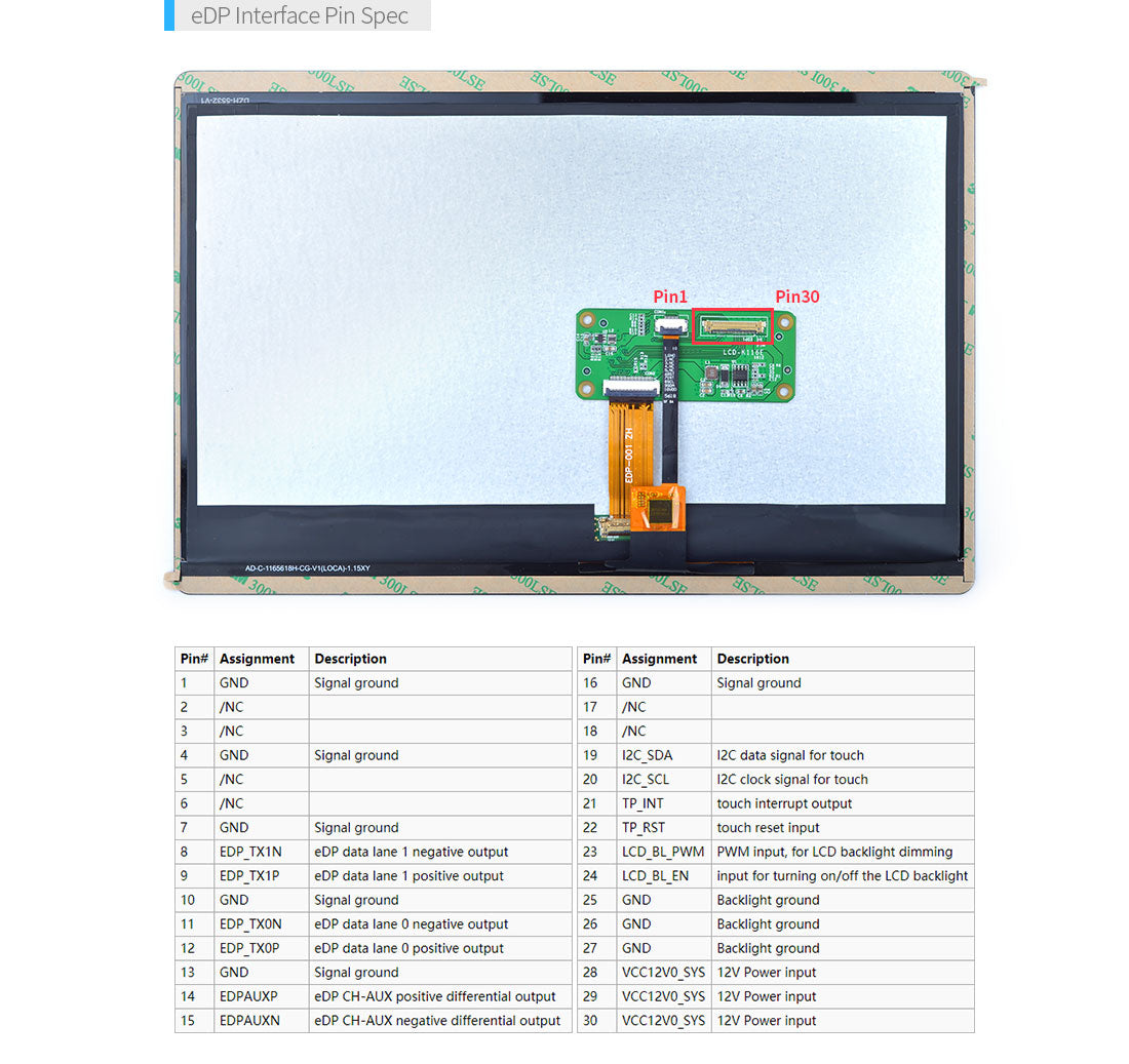 K116E 11.6" eDP FHD LCD Display with Capacitive Touch- 1920x1080 Resolution