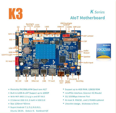 10.1" Open Frame Android Panel PC RK3288 | IPS Touch, RS232/RS485, Ethernet, HDMI | K3