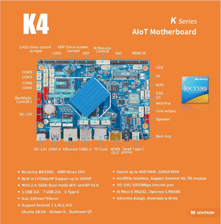 10.1″ Android Panel PC RK3399 | 6-Core ARM | Dual Display | RS232 RS485 | Open Frame | K4