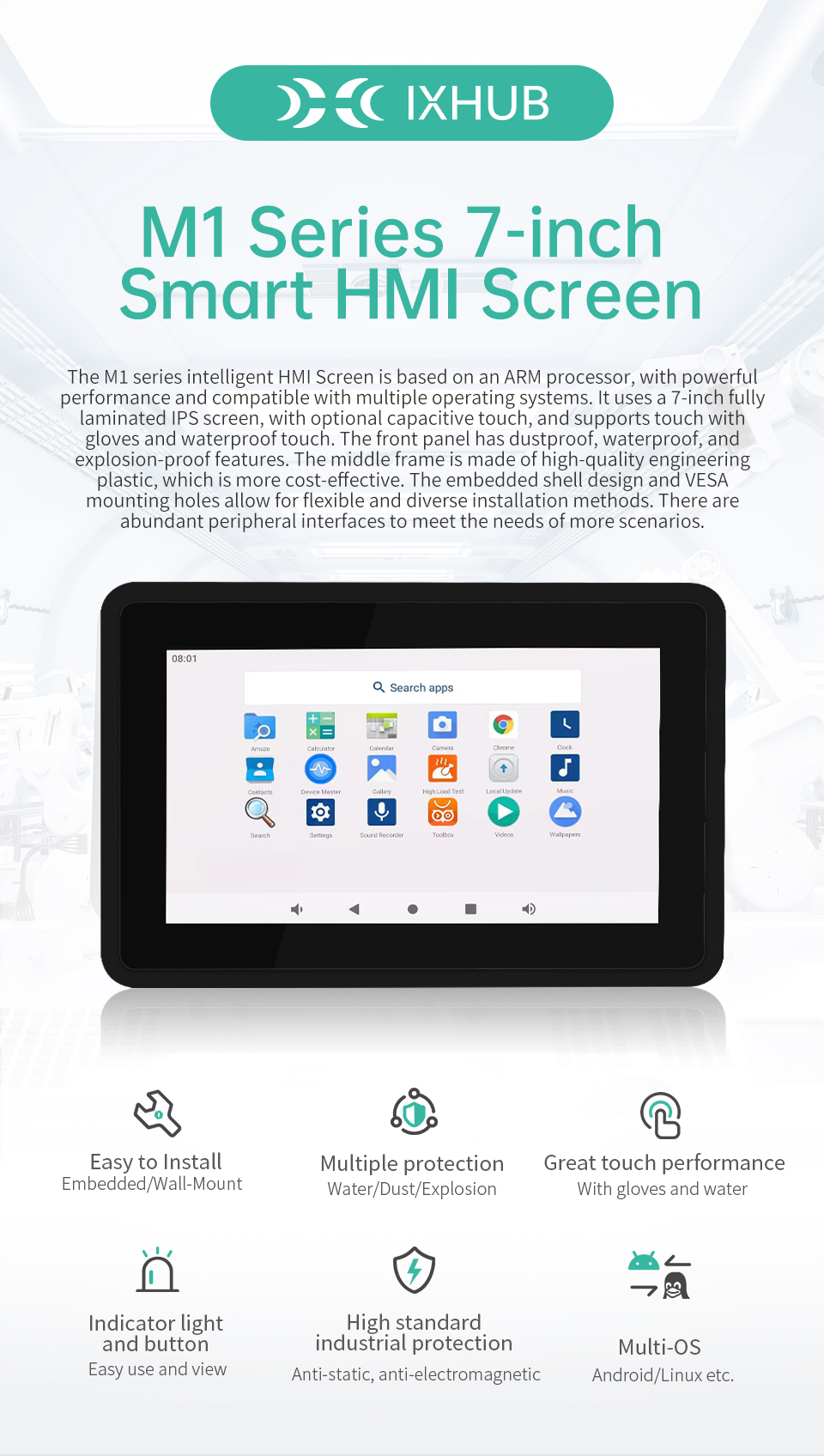 7" A133P All in One HMI Android Panel PC, IPS, ABS Frame