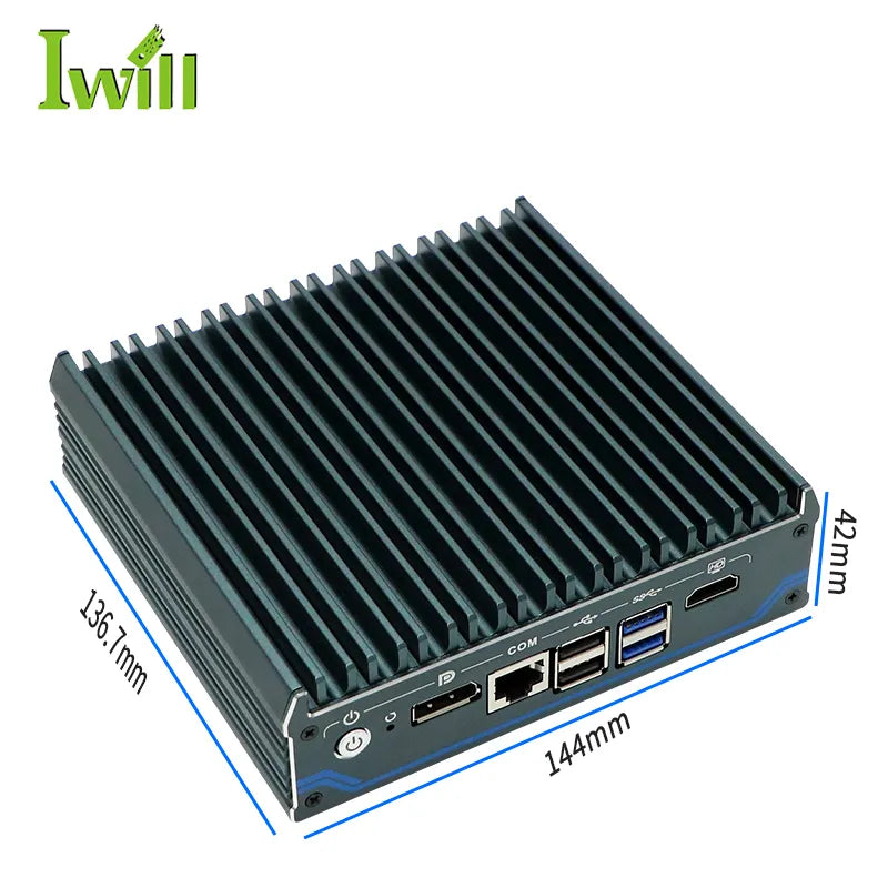 Intel Processor N100 Fanless Aluminum Industrial Mini PC – DDR4, 4× LAN, 1× COM
