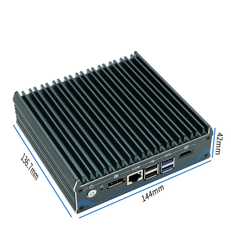 Intel Processor N100 Fanless Aluminum Industrial Mini PC – DDR4, 4× LAN, 1× COM