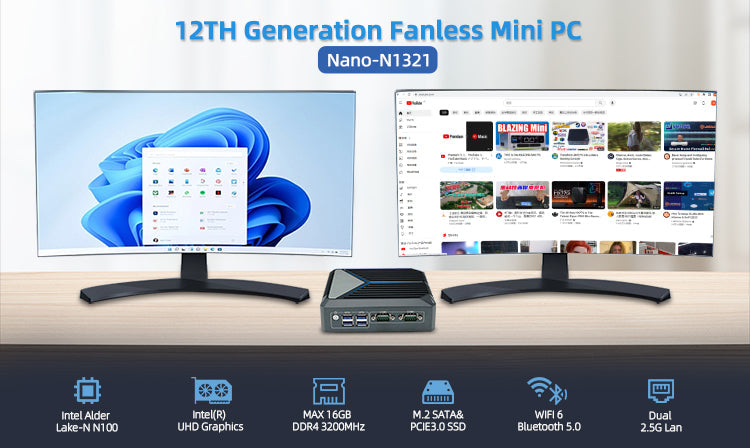 Intel Processor N100 Fanless Aluminum Industrial Mini PC – DDR4, Dual LAN, 2× COM