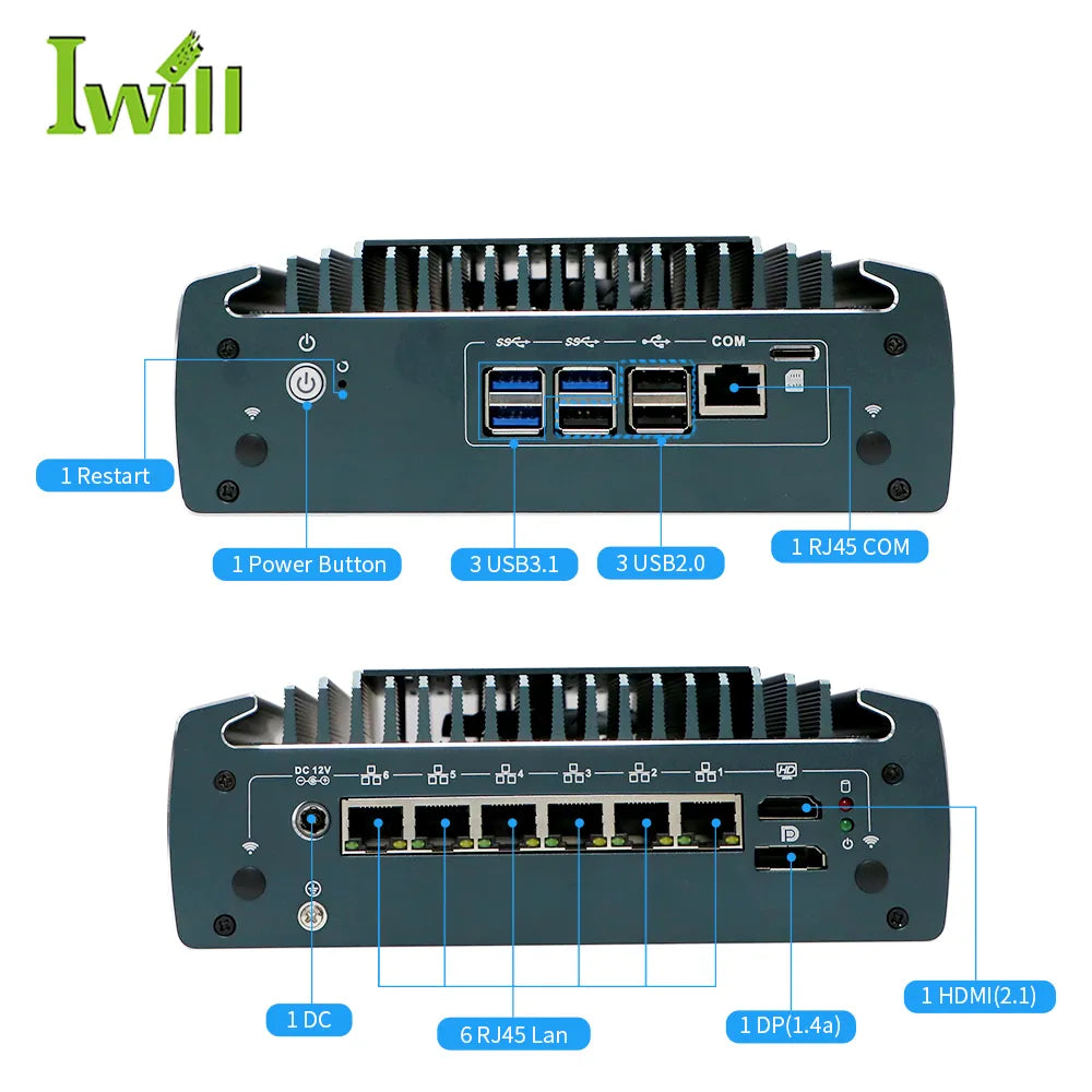 Intel Core i5-1235U Fanless Aluminum Industrial Mini PC – DDR4, 6× LAN, 1× COM