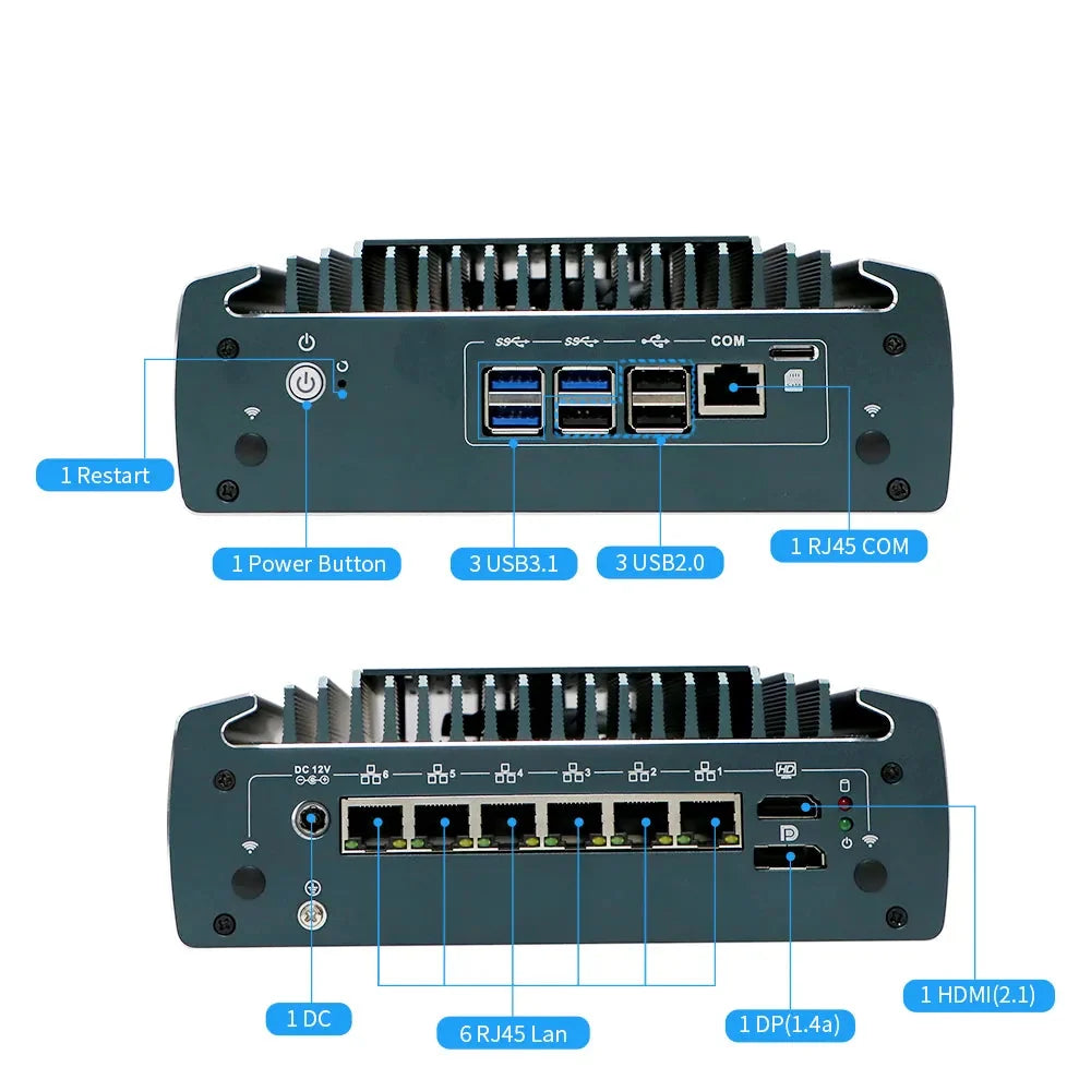 Intel Core i5-1235U Fanless Aluminum Industrial Mini PC – DDR4, 6× LAN, 1× COM