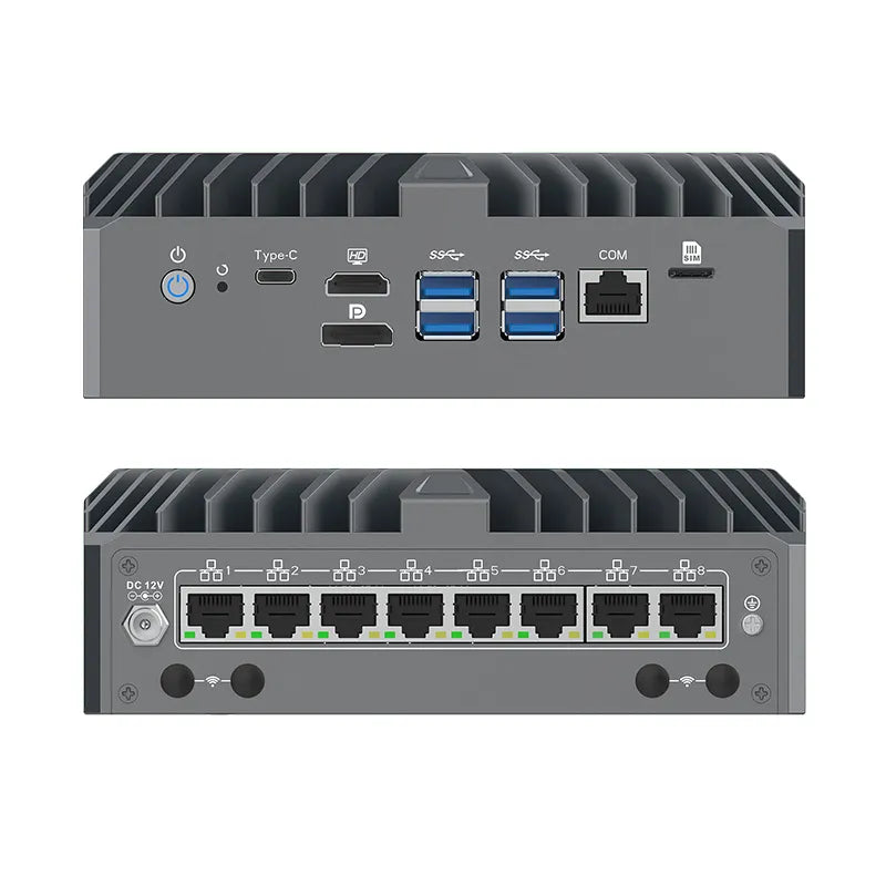 Intel Core Ultra 5 125U Fanless Aluminum Industrial Mini PC – DDR5, 8× LAN, 1× COM