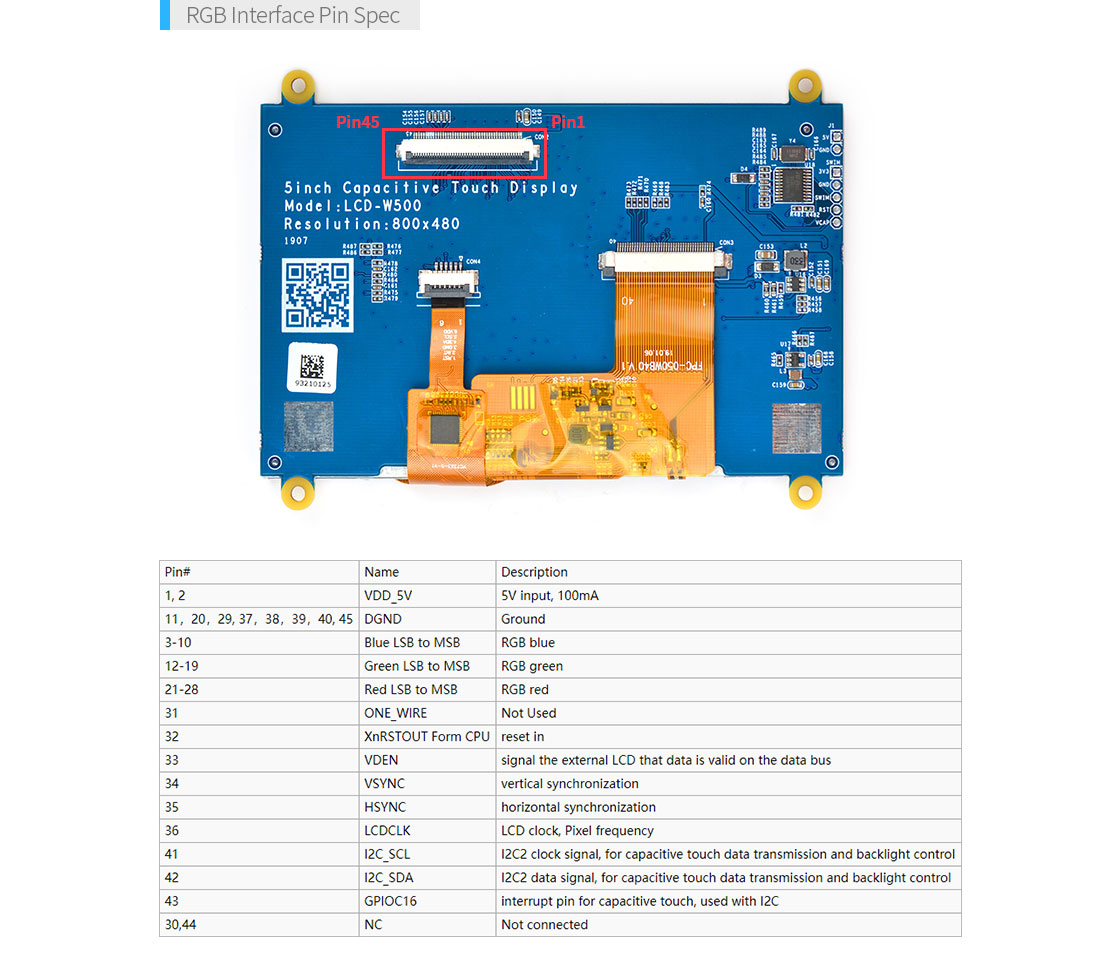 W500 5" LCD Display- 800x480 Capacitive Touch Screen for Android and Linux