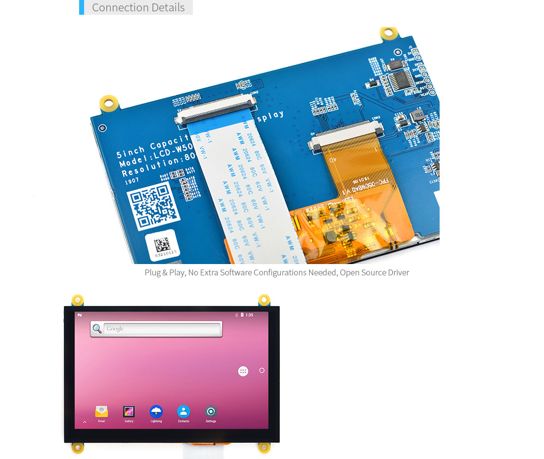 W500 5″ LCD Display | 800×480 | Capacitive Touch | RGB 24-bit | Android Linux