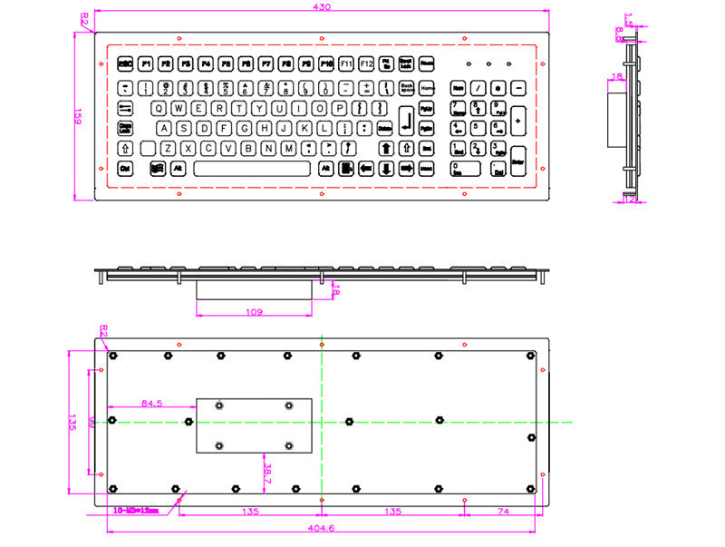 D-8625A 103 Keys Front Panel Mount Industrial Metal Keyboard with Number Keypad
