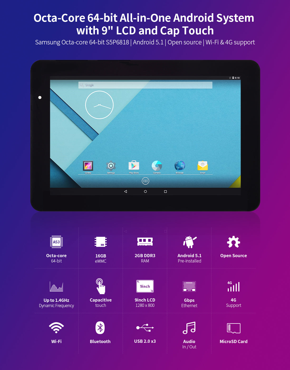 Friendly Elec OctaCore 64bit All in One with 10.1" LCD Features