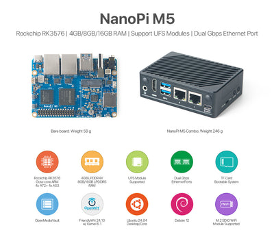 Friendly Elec NanoPi M5 RK3576 AI Development Board | 6 TOPS NPU | Dual Gigabit Ethernet | NVMe SSD Support