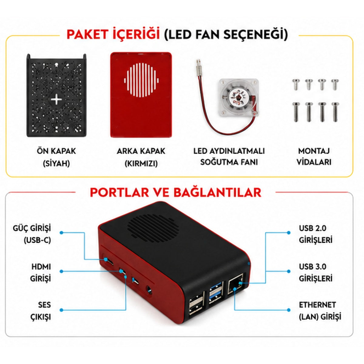 Raspberry Pi 4B ABS LED Fan Cooling Case — Black / Red