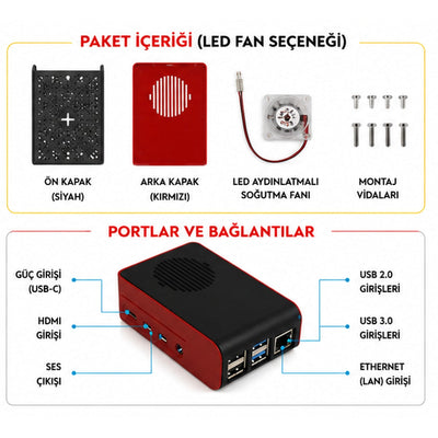 Raspberry Pi 4B ABS LED Fan Cooling Case — Black / Red