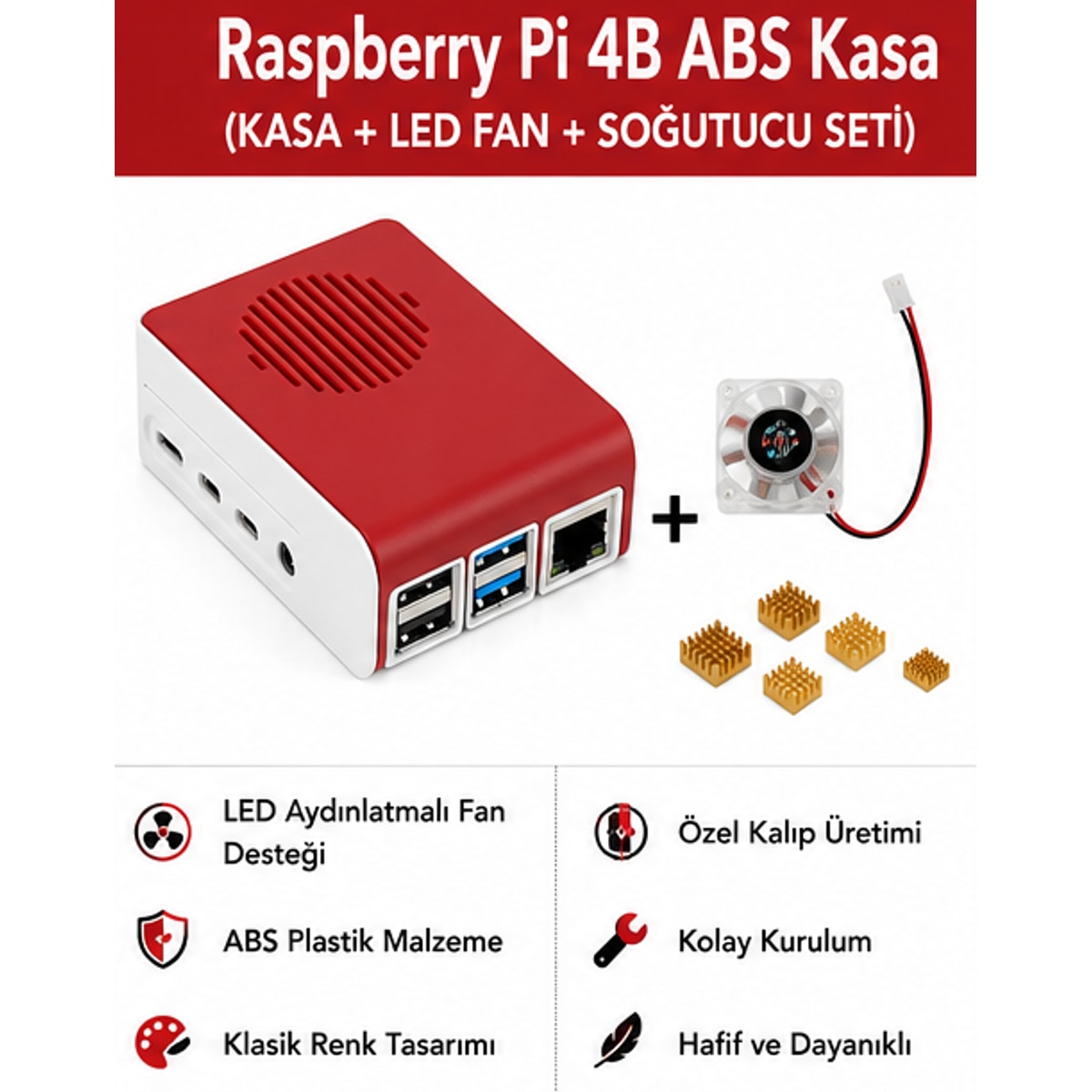 Raspberry Pi 4B ABS LED Fan Cooling Case — Red / White